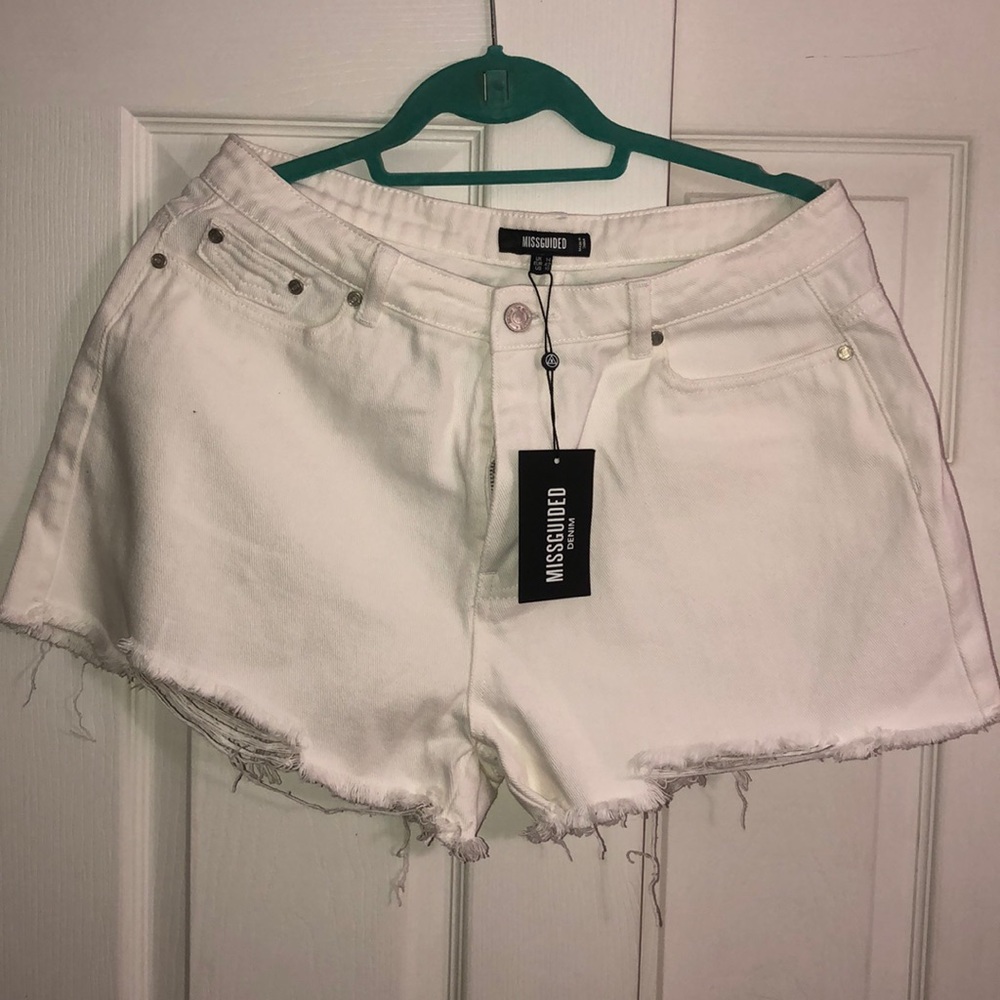 White Extreme Ripped Hem High Waisted denim short
